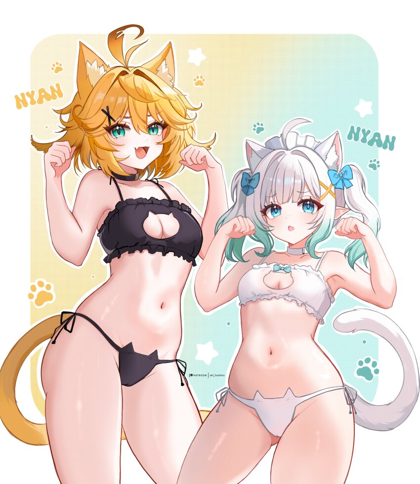 2girls, :o, absurdres, ahoge, aki_hoshino, animal_ear_fluff, animal_ears, bare_arms