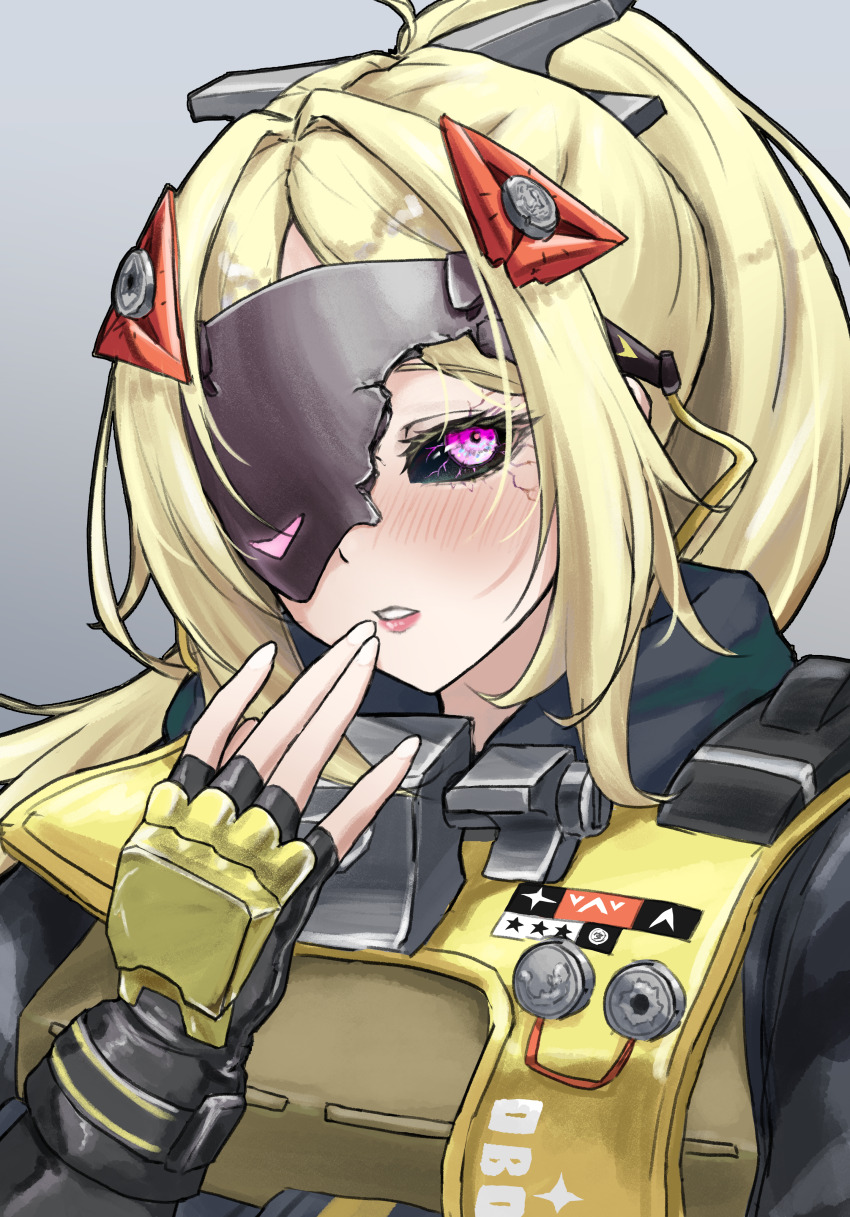 1girl, absurdres, black_sclera, blindfold_mask, blonde_hair, broken_mask, colored_sclera, fingerless_gloves, gloves, hair_ornament, half_blindfold_mask, heonu, highres, mask, one_eye_covered, open_mouth, pink_eyes, solo, trigger_(zenless_zone_zero), upper_body, zenless_zone_zero