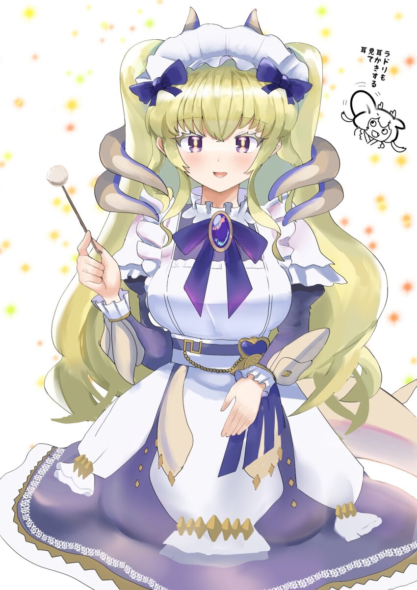 2girls, apron, blonde_hair, blush, breasts, dragon_girl, dragon_horns, dragon_tail