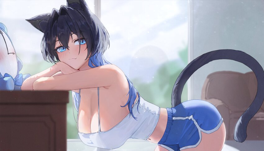 1girl, absurdres, animal_ear_fluff, animal_ears, bare_shoulders, bent_over, bent_over_furniture, blue_eyes