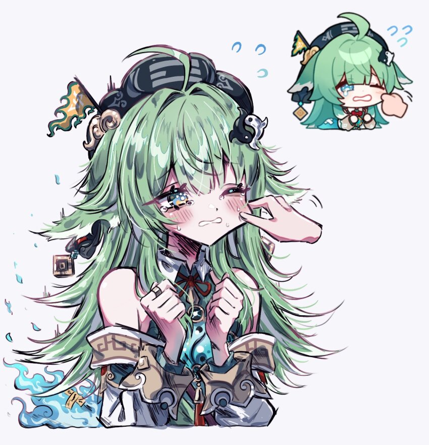 1girl, 1other, bare_shoulders, blue_eyes, blue_fire, blue_hat, blush, chinese_clothes