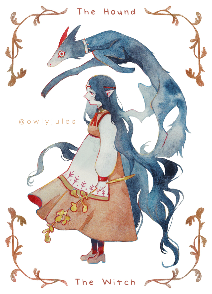 animal, apron, artist_name, blue_hair, blue_skin, border, circlet, colored_skin