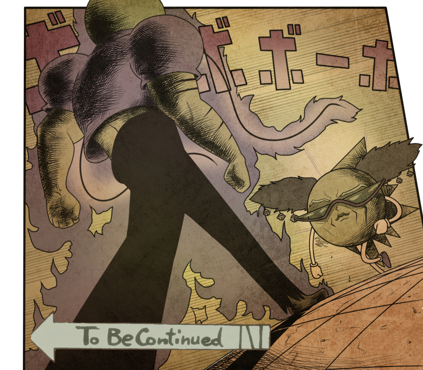 2boys, alessi, alessi_(cosplay), arm_hair, aura, bell, black_pants, blonde_hair, blue_shirt, bobobo-bo_bo-bobo, bobobo-bo_bo-bobo_(character), brown_shoes, colored_skin, commentary, cosplay, dodododo, don_patch, gloves, hair_bell, hair_ornament, highres, jazz_jack, jojo_no_kimyou_na_bouken, lips, meme, midriff, multiple_boys, nose_hair, oh?_you're_approaching_me?_(meme), orange_skin, pants, parody, shirt, shoes, short_sleeves, sound_effects, spikes, stardust_crusaders, sunglasses, to_be_continued, translated, voice_actor_connection, white_gloves