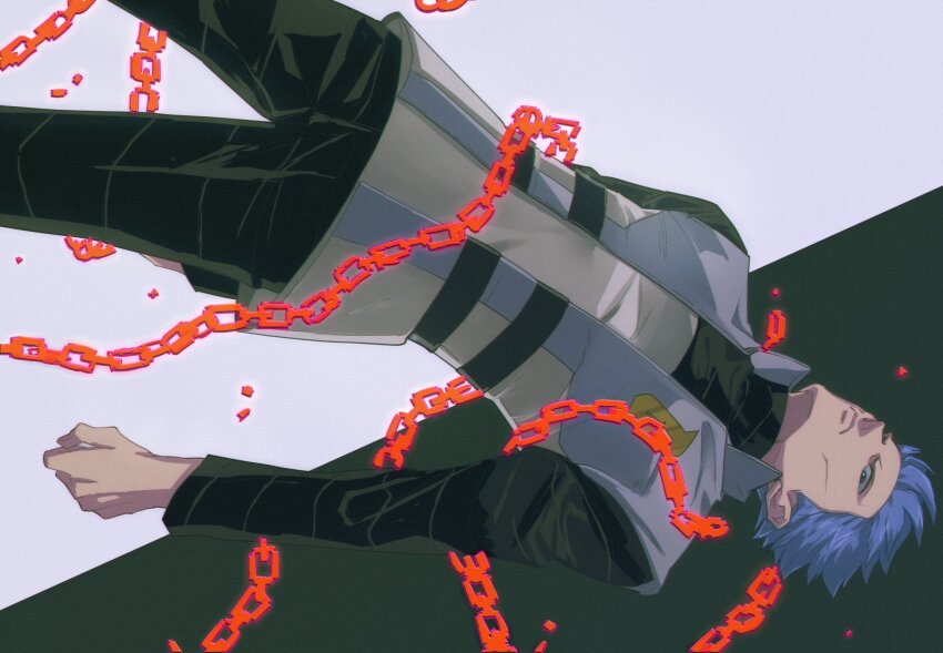 1boy, black_pants, blue_hair, chain, closed_mouth, commentary_request, cyrus_(pokemon), frown