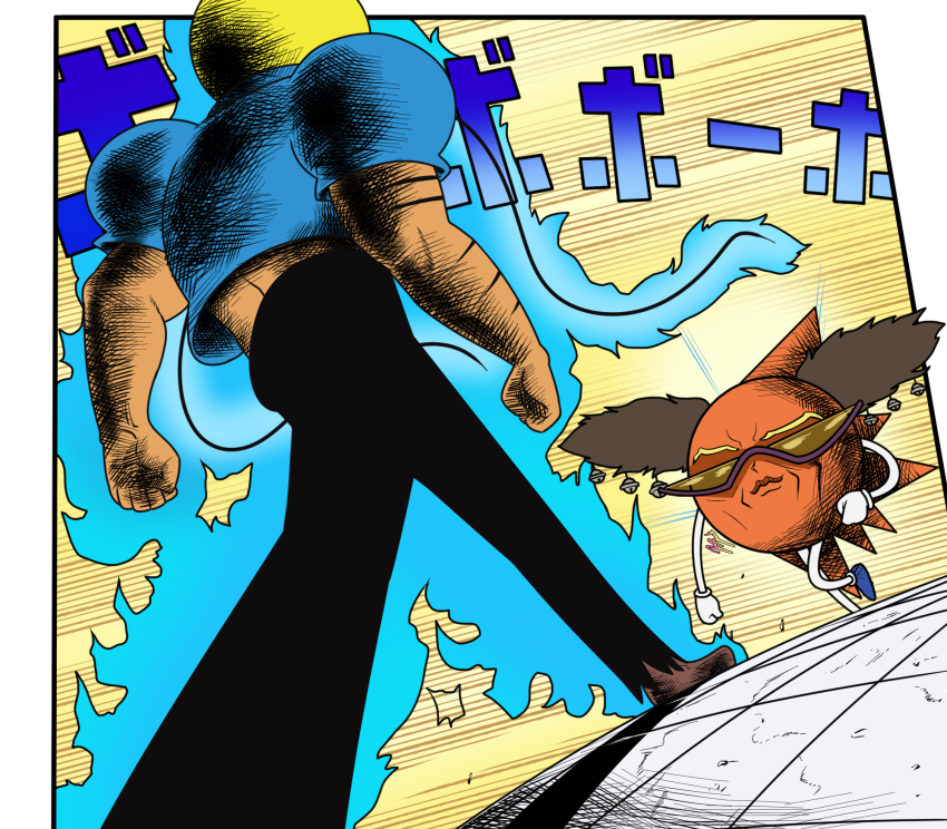 2boys, alessi, alessi_(cosplay), arm_hair, aura, bell, black_pants, blonde_hair, blue_shirt, bobobo-bo_bo-bobo, bobobo-bo_bo-bobo_(character), brown_shoes, colored_skin, commentary, cosplay, dodododo, don_patch, gloves, hair_bell, hair_ornament, highres, jazz_jack, jojo_no_kimyou_na_bouken, lips, meme, midriff, multiple_boys, nose_hair, oh?_you're_approaching_me?_(meme), orange_skin, pants, parody, shirt, shoes, short_sleeves, sound_effects, spikes, stardust_crusaders, sunglasses, translated, voice_actor_connection, white_gloves