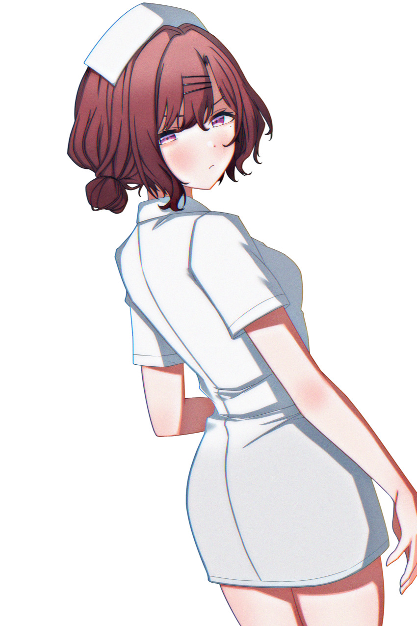 1girl, absurdres, bare_arms, blush, brown_hair, collared_dress, commentary_request, dress