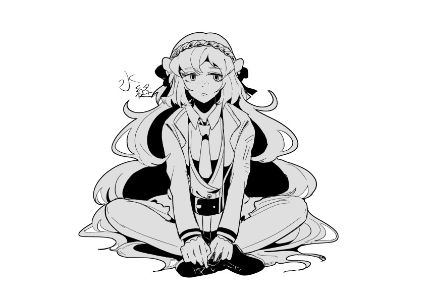 1girl, 3nu13nu1, artist_name, collared_shirt, dress_shirt, formal_clothes, freckles, greyscale