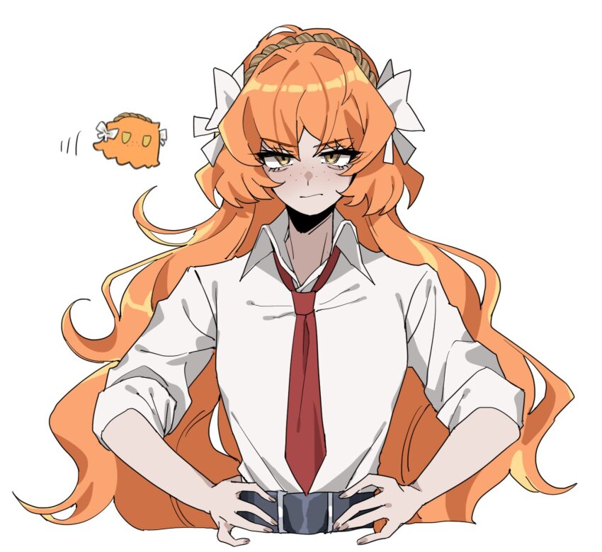 1girl, animalization, bags_under_eyes, belt, bow, collared_shirt, dress_shirt, hair_bow, hairband, hand_on_own_hip, hands_on_own_hips, highres, ishmael_(project_moon), limbus_company, long_hair, necktie, orange_hair, person_and_animalization, project_moon, red_necktie, shirt, simple_background, sleeves_rolled_up, solo, tachibana_limbu, very_long_hair, white_background, white_shirt