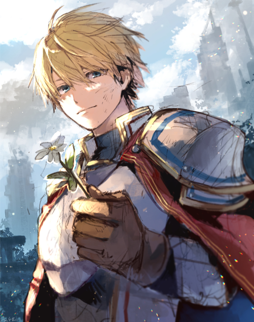 1boy, acchi_ai, arm_up, armor, black_shirt, blonde_hair, blue_eyes, breastplate