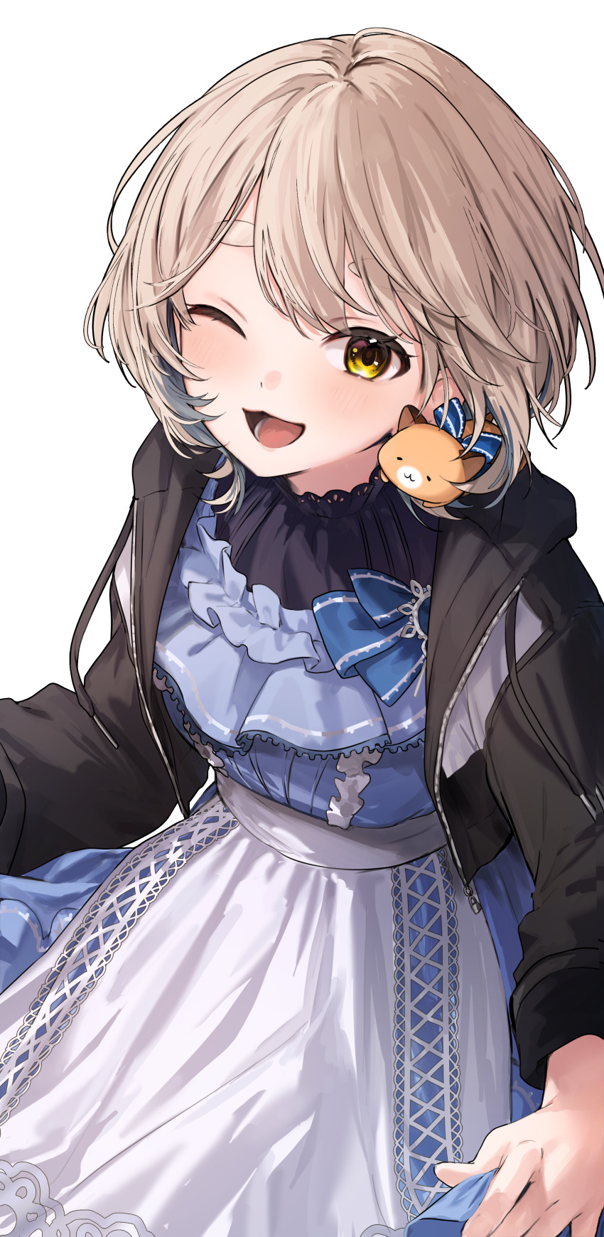 1girl, absurdres, apron, black_jacket, blonde_hair, blue_bow, blue_dress, blue_hair