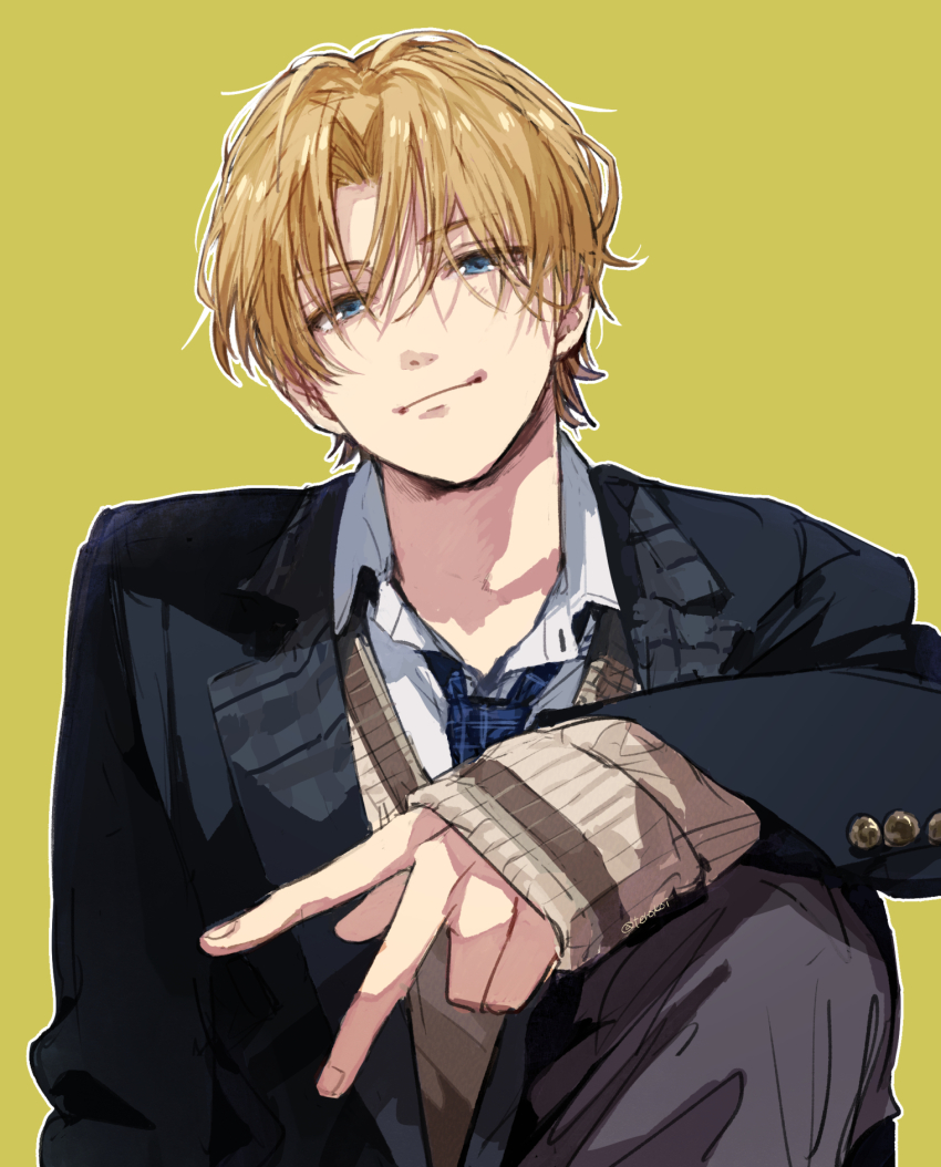 1boy, acchi_ai, black_jacket, black_pants, blonde_hair, blue_eyes, blue_necktie, cardigan