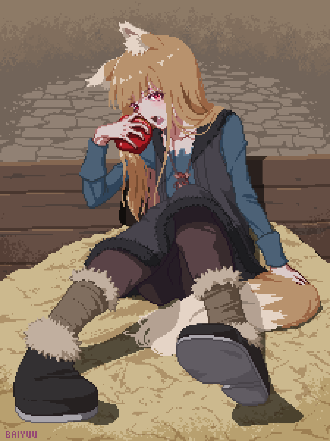 1girl, animal_ears, apple, baiyuu, black_vest, blue_shirt, brown_hair, commentary