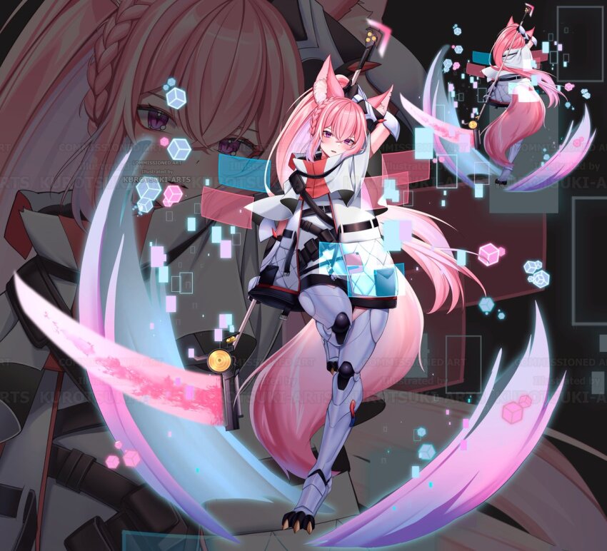 animal_ears, arm_up, braid, fox_ears, fox_girl, fox_tail, indie_virtual_youtuber, jacket