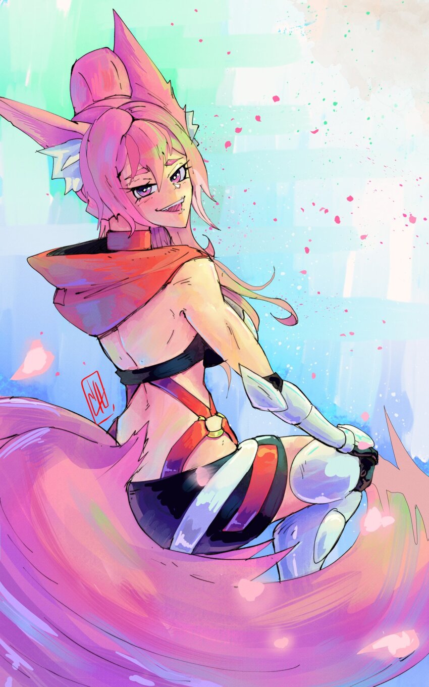 1girl, animal_ears, back, boutsoftheblind, breasts, cole_hart, fox_ears, fox_girl, fox_tail, gloves, hand_on_knee, highres, hood, hoodie, indie_virtual_youtuber, large_breasts, looking_at_viewer, looking_back, meicha_(vtuber), petals, pink_hair, purple_eyes, shorts, sitting, smile, tail, thighs, virtual_youtuber