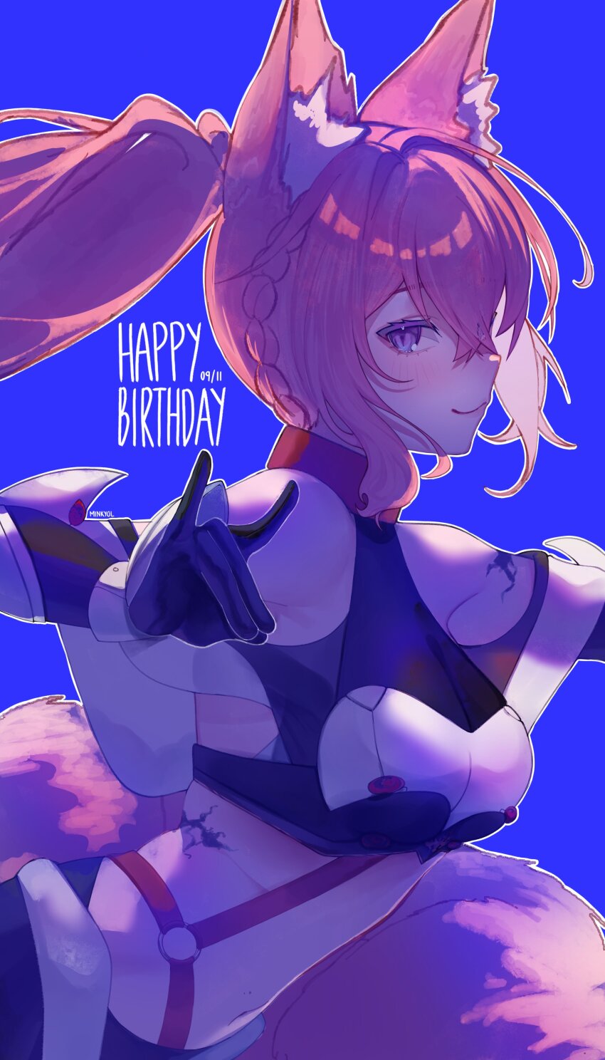 absurdres, animal_ears, bare_shoulders, birthday, blue_background, braid, breasts, collar, fox_ears, fox_girl, fox_tail, gloves, highres, indie_virtual_youtuber, large_breasts, looking_at_viewer, meicha_(vtuber), minkyol, pink_hair, purple_eyes, shorts, stomach, tail, virtual_youtuber