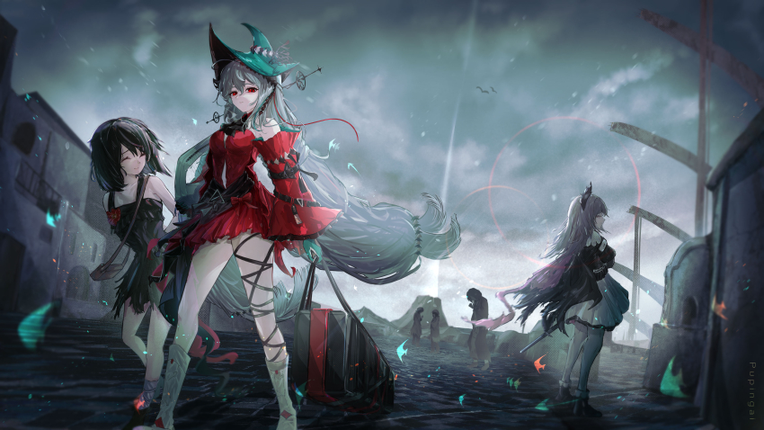 3girls, 3others, absurdres, angelfish, aqua_gloves, aqua_hat, arknights, artist_name