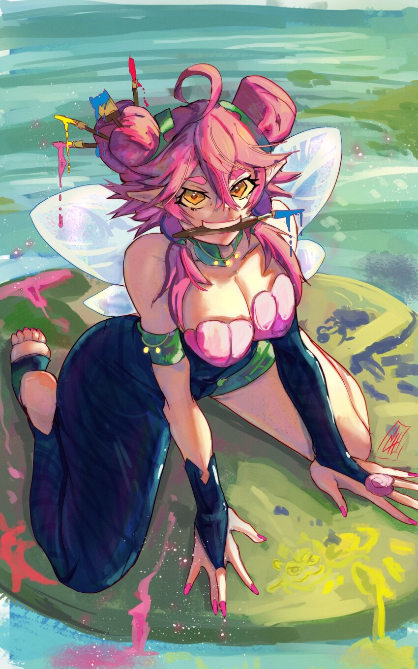 ass, bare_shoulders, bodysuit, boutsoftheblind, breasts, cleavage, colored_sclera, fairy