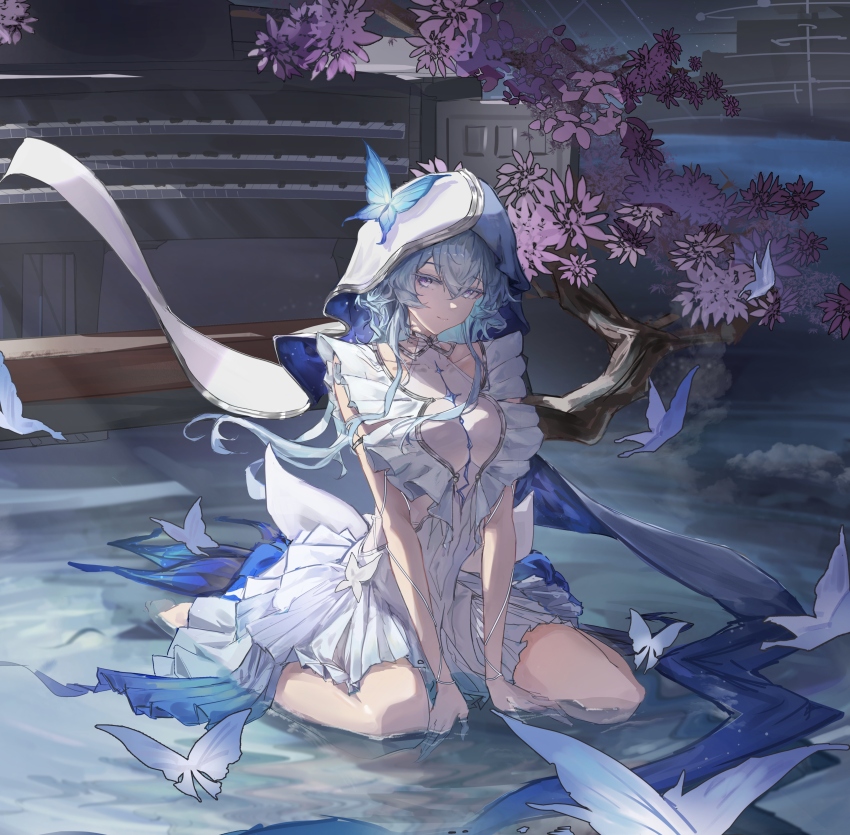 1girl, absurdres, armlet, blue_butterfly, blue_hair, blue_veil, breasts, bug