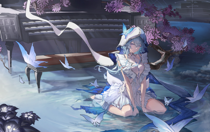 1girl, absurdres, armlet, blue_butterfly, blue_hair, blue_veil, breasts, bug