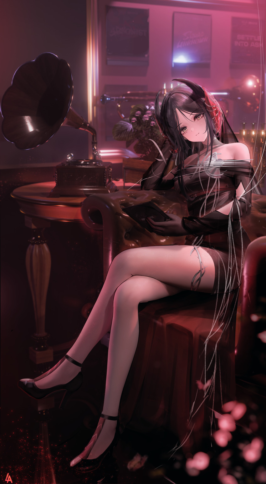 1girl, absurdres, ambience_synesthesia, arknights, bare_shoulders, black_dress, black_gloves, black_hair