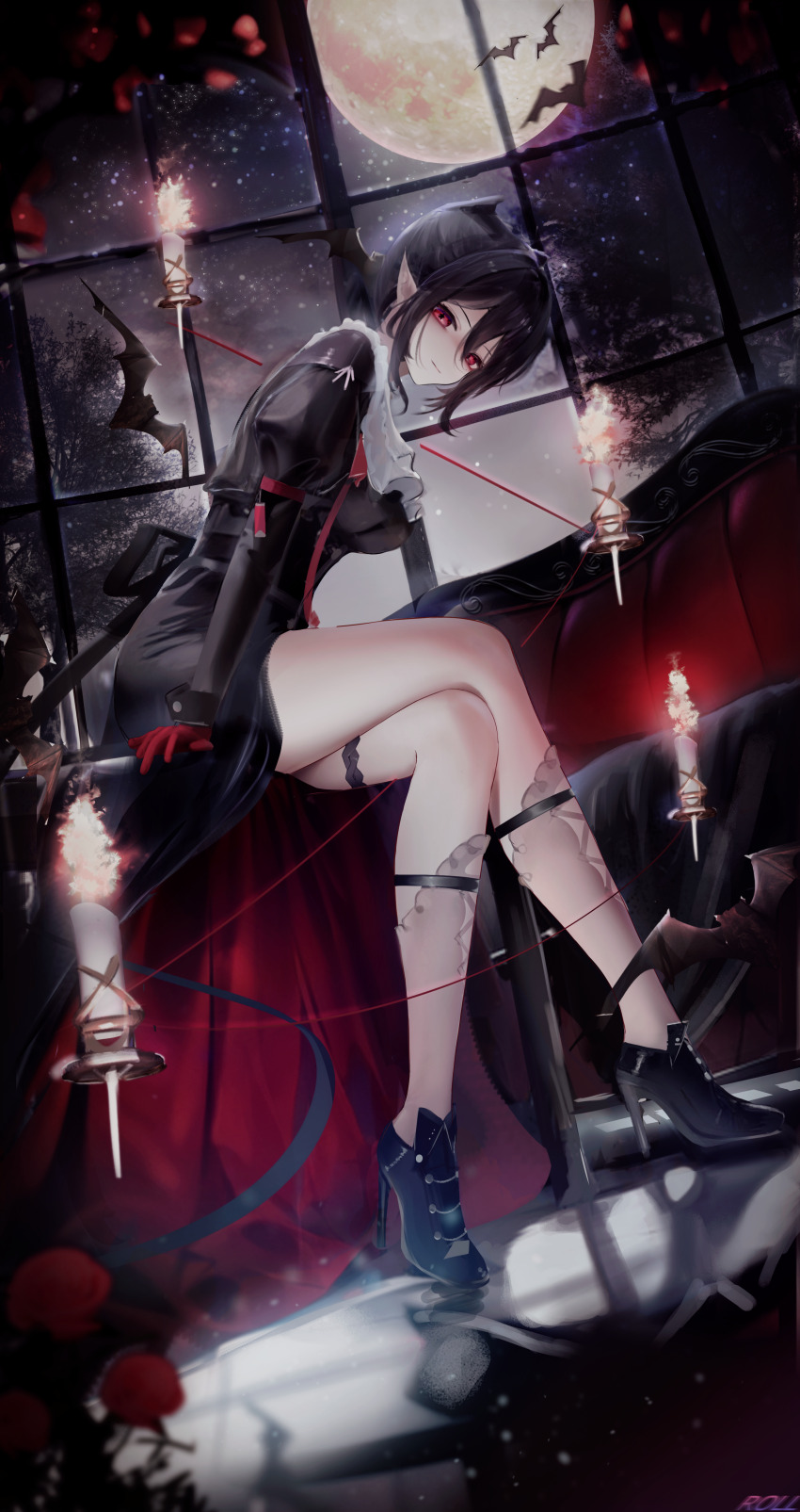 1girl, absurdres, arknights, ascot, bat_(animal), black_dress, black_hair, candle