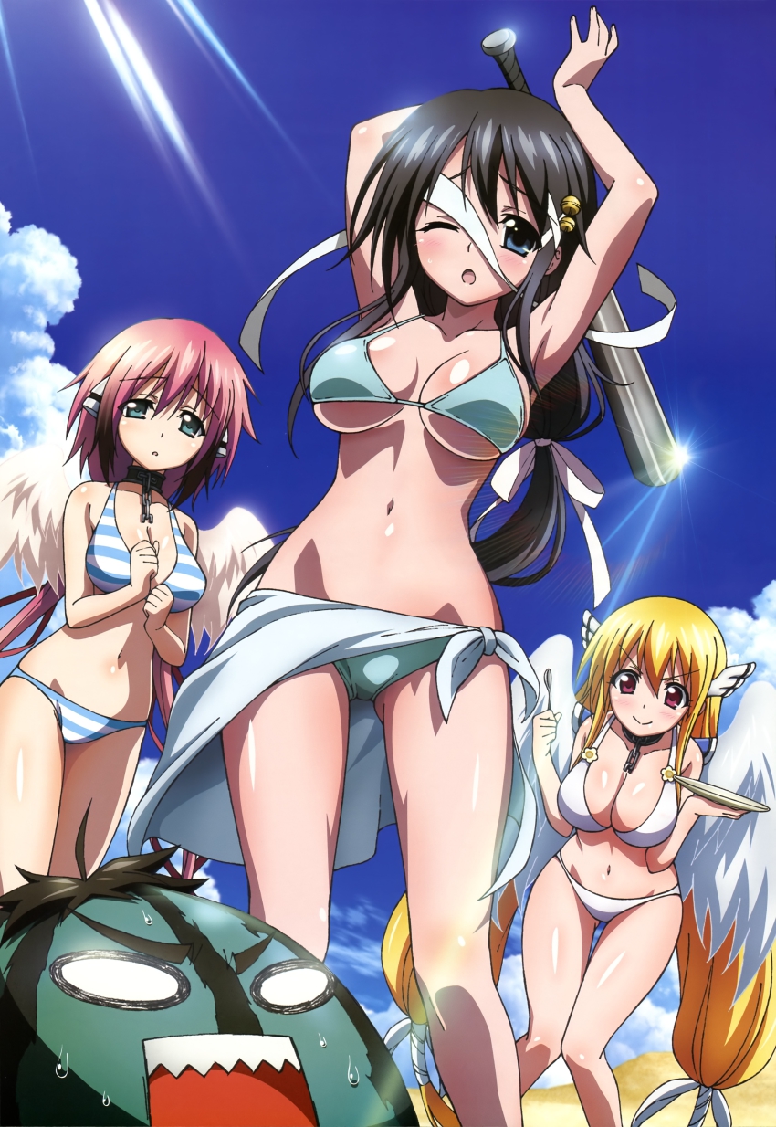 1boy, 3girls, :o, ;o, absurdres, angel_wings, aqua_bikini, armpits, astraea_(sora_no_otoshimono), baseball_bat, bell, bikini, black_hair, blonde_hair, blush, breasts, cleavage, cloud, day, food, fruit, hair_bell, hair_ornament, hair_ribbon, head_wings, highres, ikaros, kawai_momoko, kazane_hiyori, large_breasts, light_rays, long_hair, low-tied_long_hair, multiple_girls, navel, non-web_source, nyantype, official_art, one_eye_closed, open_mouth, plate, red_eyes, red_hair, ribbon, sakurai_tomoki, sarong, scan, shiny_skin, sky, sora_no_otoshimono, spoon, striped_bikini, striped_clothes, suikawari, sunbeam, sunlight, swimsuit, thigh_gap, very_long_hair, watermelon, white_bikini, wings, wink