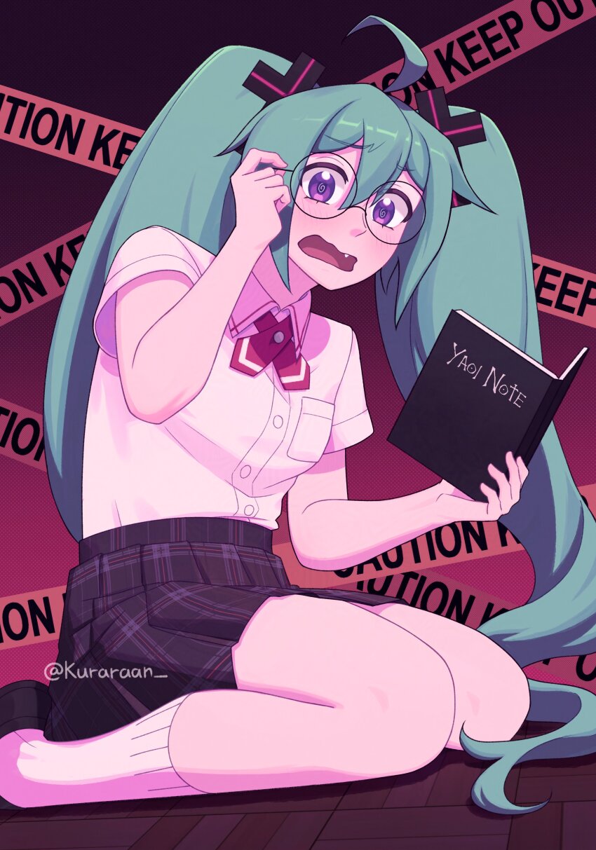 1girl, @_@, absurdres, adjusting_eyewear, ahoge, aqua_hair, black_skirt, blue_hair