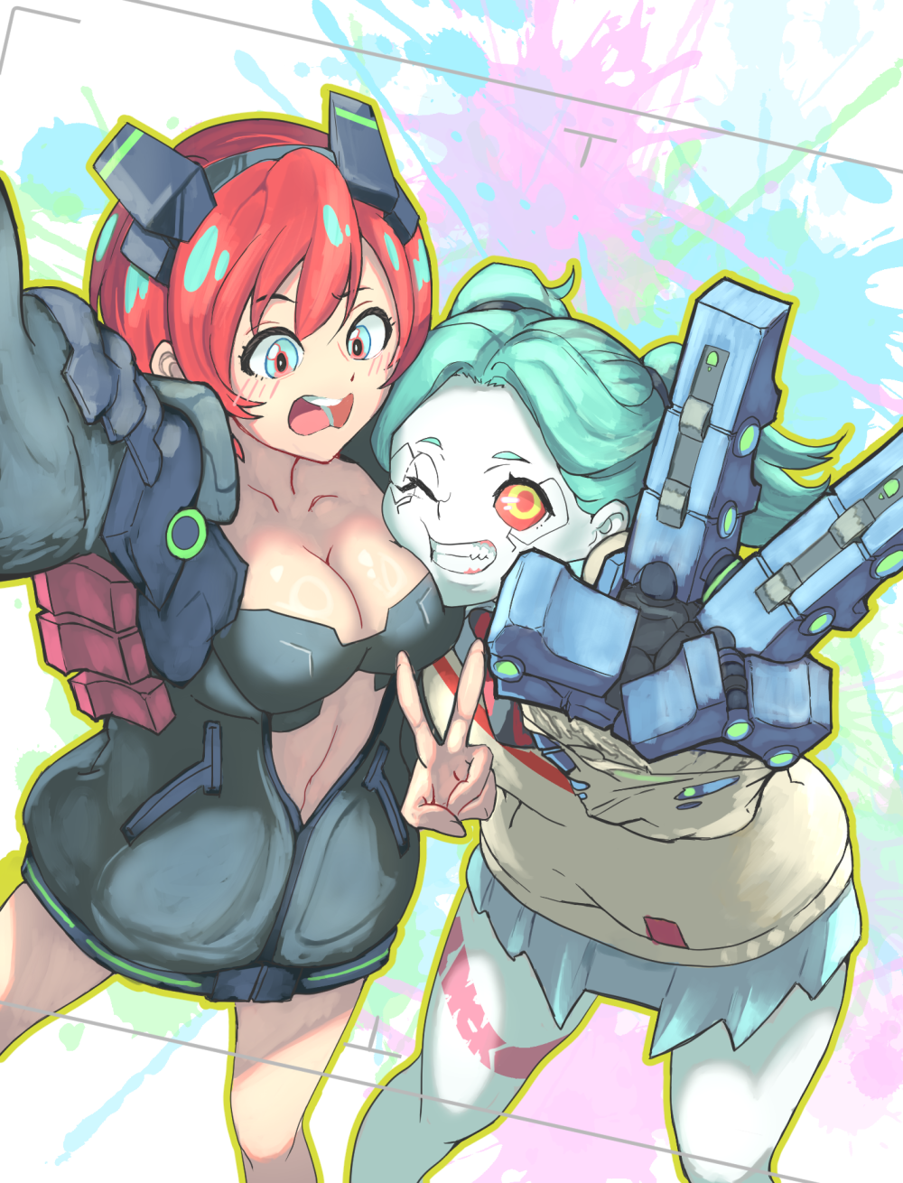 2girls, amate_yuzuriha, amate_yuzuriha_(cosplay), aqua_skirt, arm_around_another's_back, artificial_eye, black_bra, black_jacket, blue_eyes, blush, bra, breast_press, breasts, cheek-to-breast, cheek_press, cleavage, colored_sclera, colored_skin, cosplay, costume_switch, cyberpunk_(series), cyberpunk:_edgerunners, cyborg, embarrassed, feet_out_of_frame, full_body, green_hair, grin, gundam, gundam_gquuuuuux, hairband, hands_up, highres, jacket, kurosawa_tomoyo, large_breasts, leg_tattoo, looking_at_viewer, mechanical_arms, single_mechanical_eye, mechanical_hands, multiple_girls, one_eye_closed, open_clothes, open_jacket, open_mouth, outline, oversized_forearms, oversized_jacket, oversized_limbs, pleated_skirt, rebecca_(cyberpunk), rebecca_(cyberpunk)_(cosplay), red_hair, red_pupils, red_sclera, school_uniform, selfie, short_hair, skirt, smile, sweater, tattoo, twintails, underwear, v, voice_actor_connection, white_skin, xxx_aeon_xxx, yellow_eyes, yellow_outline