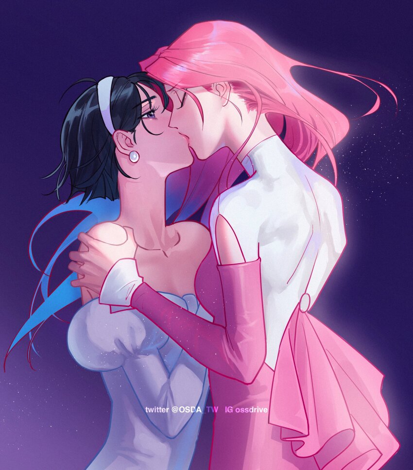 2girls, absurdres, alien_stage, arm_cutout, bare_shoulders, black_hair, blue_hair, closed_eyes