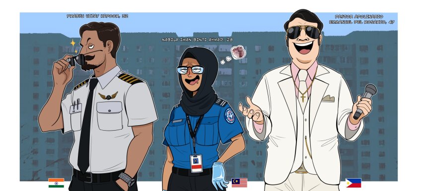 1girl, 2boys, adjusting_eyewear, black_hijab, black_necktie, black_pants, blue_gloves, blue_shirt