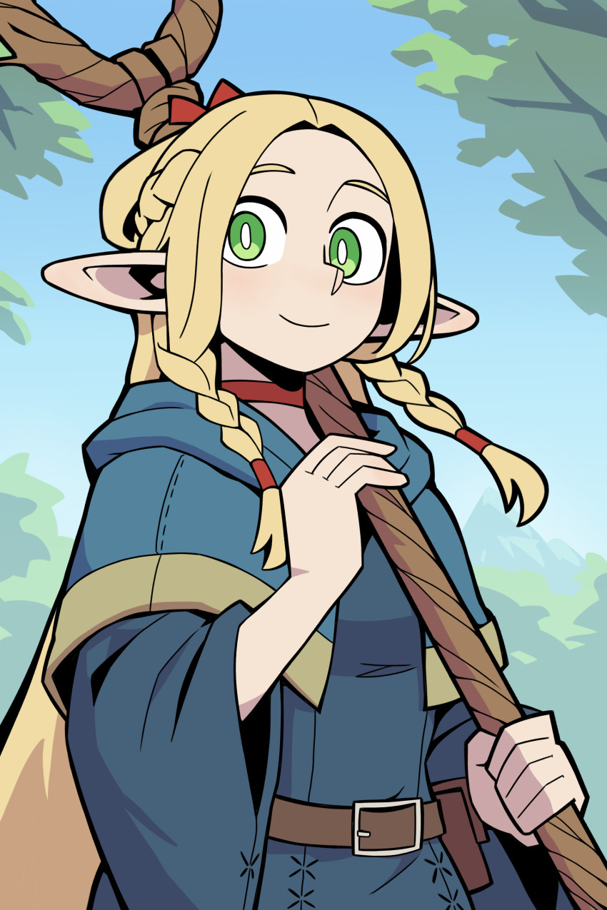 1girl, absurdres, bean52623818, blonde_hair, bow, bright_pupils, day, dungeon_meshi