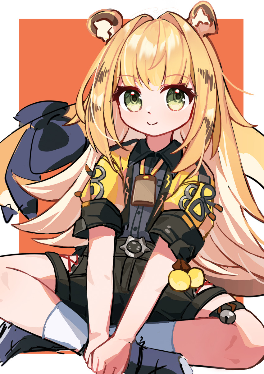 1girl, absurdres, animal_ears, blonde_hair, border, closed_mouth, green_eyes, green_shorts, highres, ju_fufu, mogu_kinoko, orange_background, short_sleeves, shorts, sitting, sketch, smile, solo, wariza, white_border, zenless_zone_zero