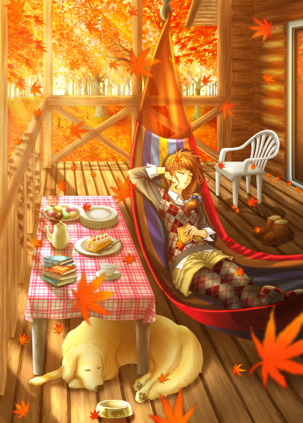 1girl, animal, argyle_clothes, argyle_pantyhose, argyle_sweater, arm_behind_head, ash_(bgash0207), autumn