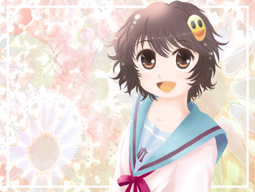 1girl, brown_eyes, brown_hair, female_focus, gadowiiru, hair_ornament, hairclip, open_mouth