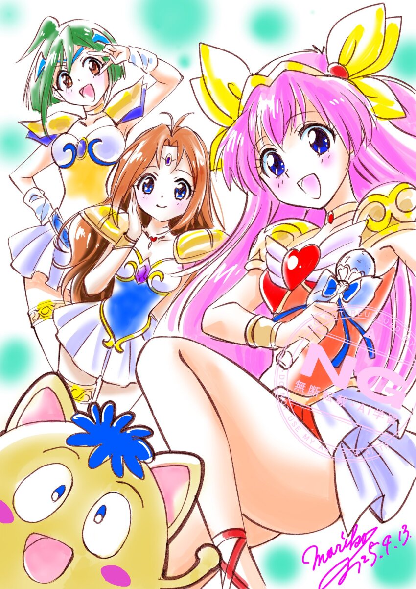 3girls, :d, ai_tenshi_densetsu_wedding_peach, angel_daisy, angel_lily, armor, blue_eyes, bracelet