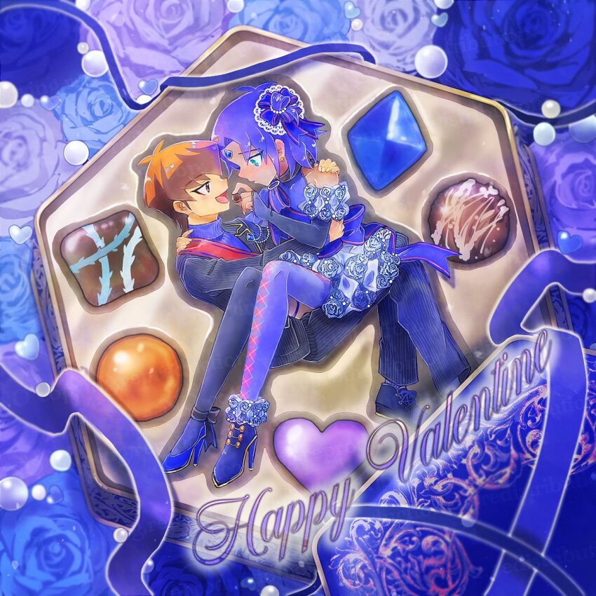 1boy, 1girl, black_jacket, blue_eyes, brown_eyes, brown_hair, couple, happy_valentine