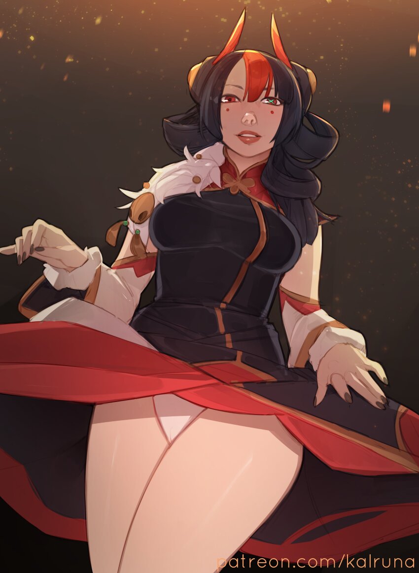 1girl, absurdres, black_hair, gwen_(league_of_legends), highres, horns, kalruna, league_of_legends