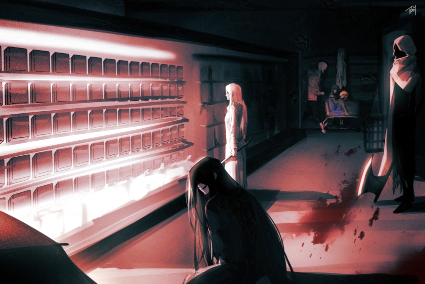 2girls, 5boys, axe, bbabbamis2, black_hair, black_kimono, blood, blood_on_ground