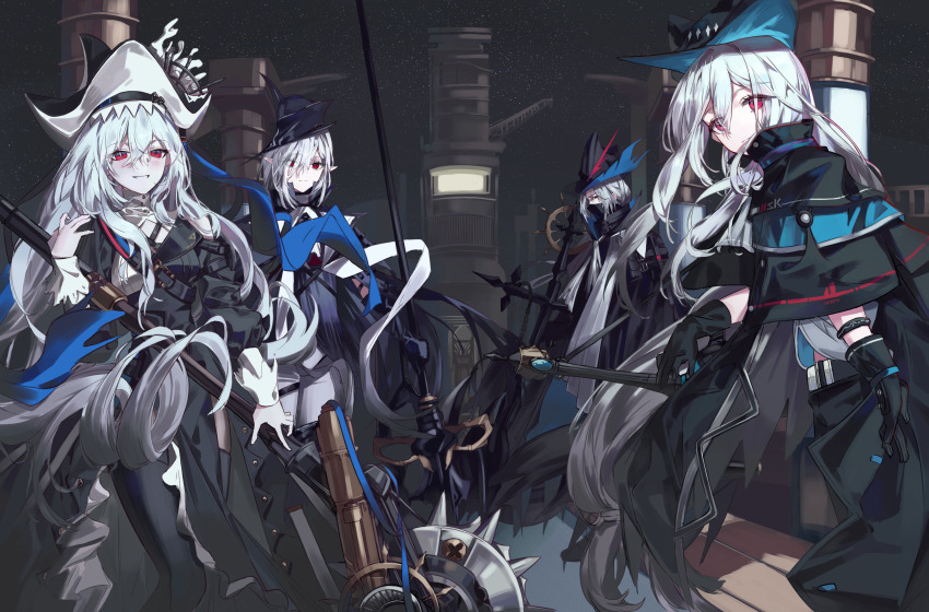 1boy, 3girls, absurdly_long_hair, absurdres, arknights, black_gloves, blush, capelet