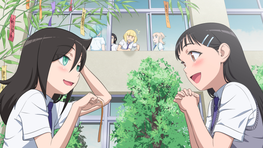 6+girls, :d, ^^^, arm_up, bags_under_eyes, black_hair, blonde_hair, blunt_bangs, blush, brown_eyes, brown_hair, clenched_teeth, collared_shirt, commentary_request, eye_contact, from_side, green_eyes, green_hair, grey_hair, grey_sweater_vest, hair_between_eyes, hair_ornament, hairclip, happy, highres, hirasawa_shizuku, holding, holding_tanzaku, ichikawa_masahiro, interlocked_fingers, kayo_(watamote), kuroki_tomoko, long_hair, looking_at_another, looking_outside, miyazaki_(watamote), multiple_girls, necktie, ootonari_nagi, open_mouth, open_window, outdoors, own_hands_clasped, own_hands_together, ponytail, purple_necktie, school_uniform, shirt, short_hair, short_sleeves, smile, solid_oval_eyes, sweater_vest, tanabata, tanzaku, teeth, translation_request, tree, uchi_emiri, upper_body, watashi_ga_motenai_no_wa_dou_kangaetemo_omaera_ga_warui!, white_shirt, window