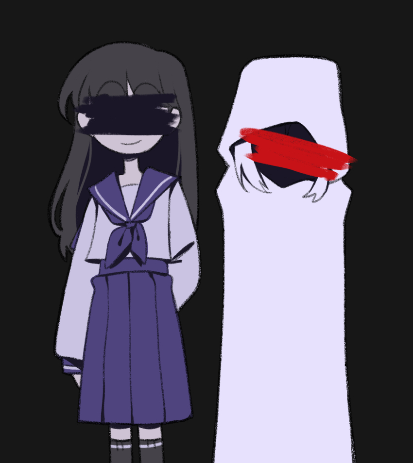 1girl, black_background, black_hair, censored, censored_identity, chlorenw, commentary, cowboy_shot