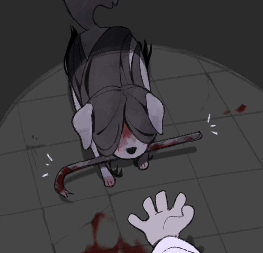 1girl, animal, animalization, black_hair, blood, blood_on_face, blood_on_ground, chlorenw