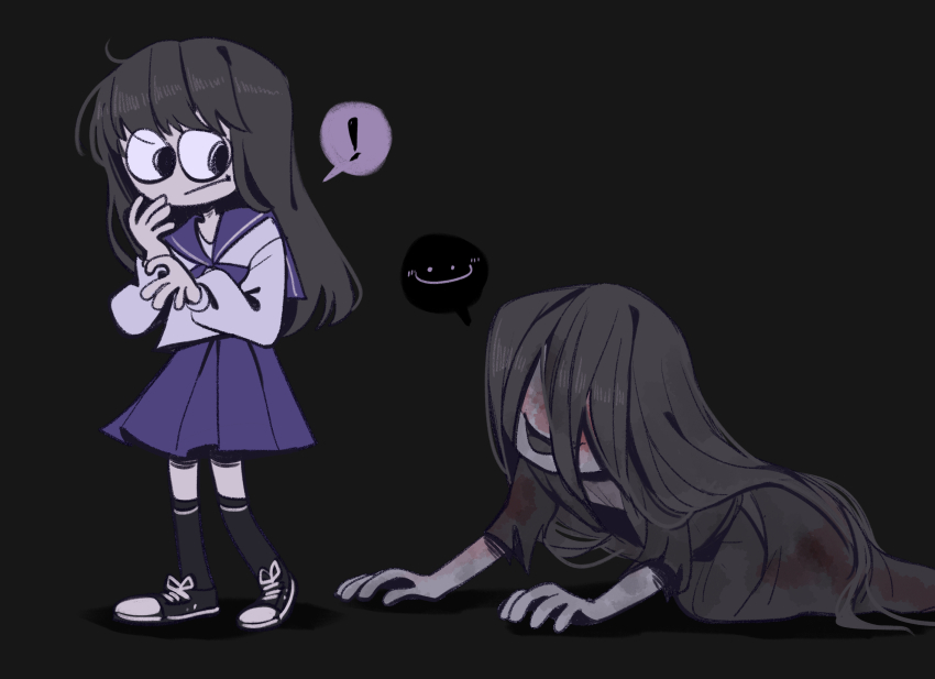 !, 1boy, 1girl, black_eyes, black_hair, black_kimono, blood, blood_on_clothes