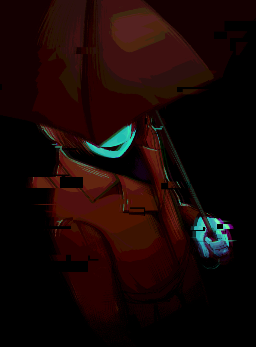 1boy, absurdres, black_background, chinese_commentary, chlorenw, coat, commentary_request, glitch, hand_up, highres, holding, holding_umbrella, homicipher, male_focus, mr._scarletella, red_coat, red_hair, red_umbrella, short_hair, simple_background, solo, umbrella, upper_body