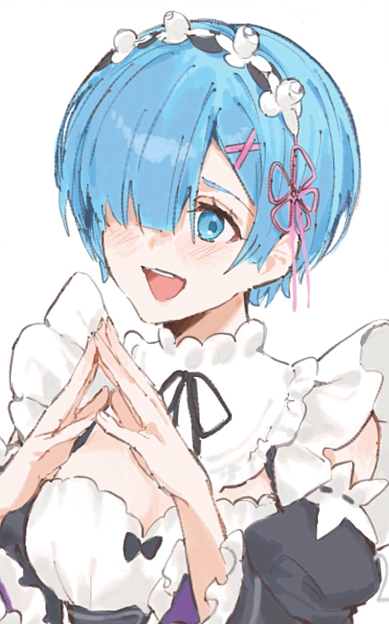 1girl, apron, blue_eyes, blue_hair, blunt_bangs, breasts, detached_sleeves, dress, frilled_dress, frilled_sleeves, frills, hair_over_one_eye, highres, maid, maid_apron, maid_headdress, medium_breasts, open_mouth, portrait, re:zero_kara_hajimeru_isekai_seikatsu, rem_(re:zero), short_hair, simple_background, soji_subd, solo, upper_body, white_background