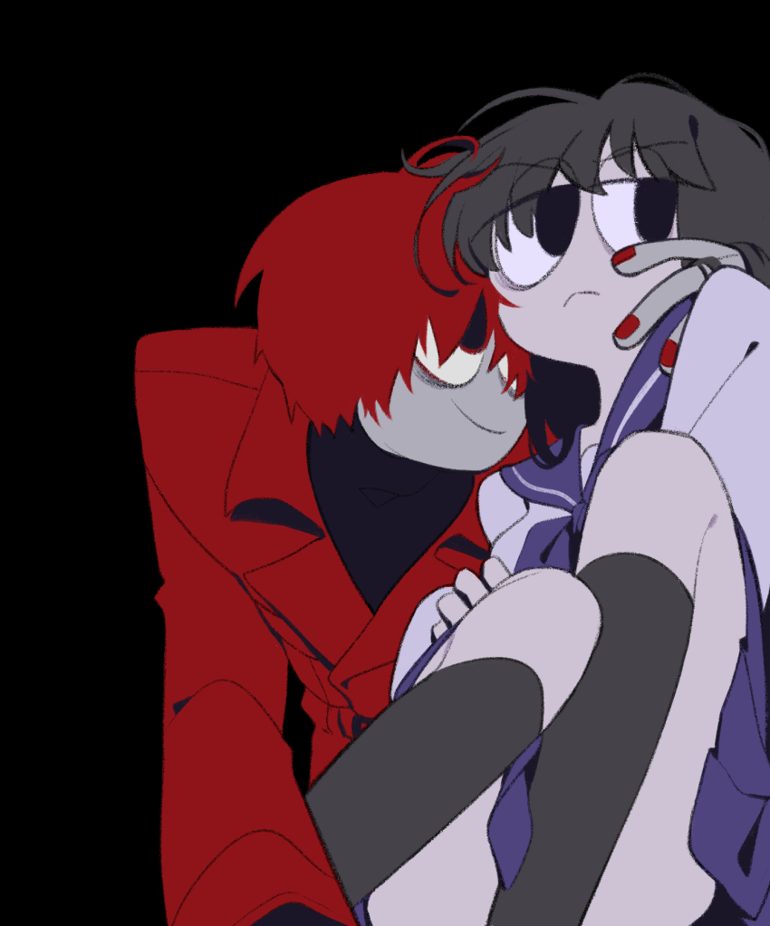 1boy, 1girl, averting_eyes, black_background, black_eyes, black_hair, black_socks, chlorenw