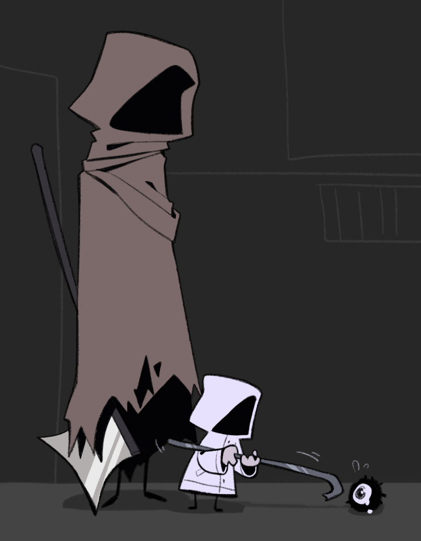 1boy, 1girl, aged_down, axe, black_background, brown_cloak, child, chinese_commentary