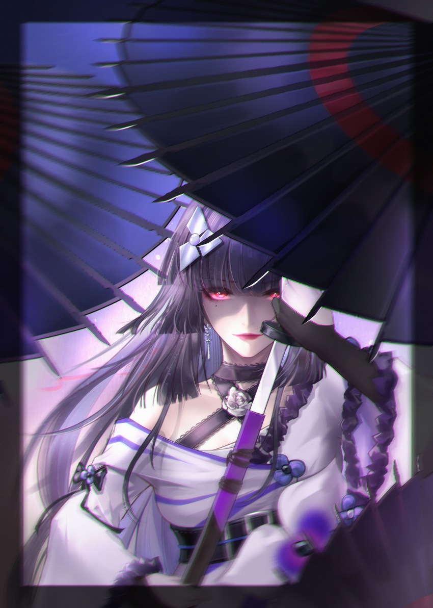 1girl, absurdres, artist_glove, belt, belt_buckle, black_belt, black_border, black_bow, black_gloves, black_hair, black_ribbon, black_umbrella, blunt_bangs, blunt_ends, border, bow, buckle, chinese_commentary, commentary, earrings, flower, gloves, glowing, glowing_eyes, highres, hime_cut, holding, holding_sword, holding_umbrella, holding_weapon, japanese_clothes, jewelry, katana, kimono, lips, looking_at_viewer, mole, mole_under_eye, neck_flower, neck_ribbon, partially_fingerless_gloves, path_to_nowhere, purple_flower, purple_kimono, qianqi, red_eyes, ribbon, ribbon-trimmed_kimono, ribbon_trim, sheath, shuriken_hair_ornament, single_bare_shoulder, single_off_shoulder, sleeve_bow, solo, straight-on, sumire_(path_to_nowhere), sword, umbrella, unsheathing, upper_body, weapon, white_flower