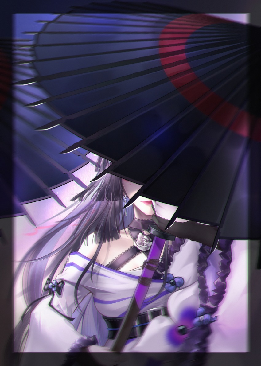 1girl, absurdres, belt, belt_buckle, black_belt, black_border, black_bow, black_hair