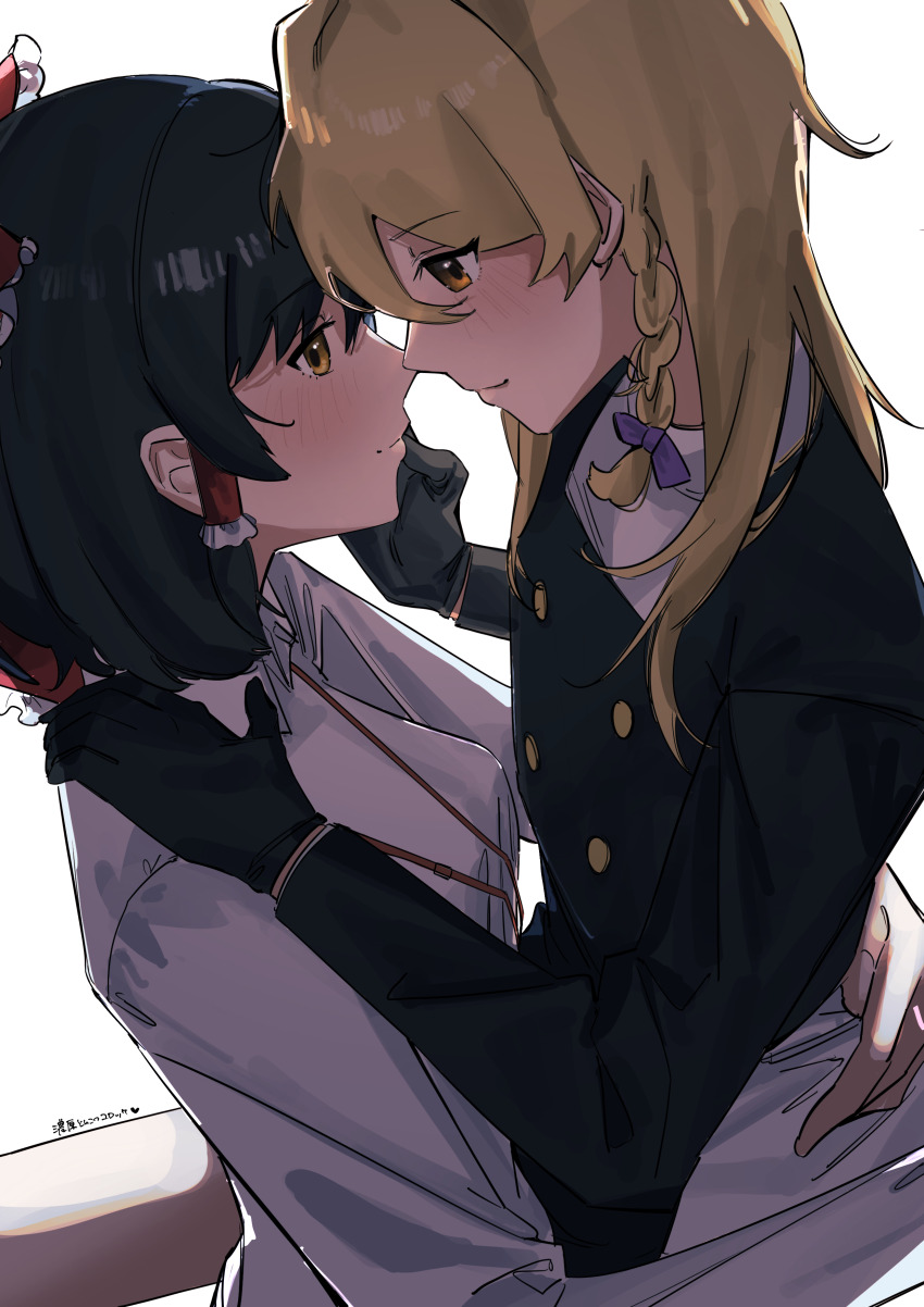 2girls, absurdres, black_coat, black_gloves, black_hair, blonde_hair, bow, braid